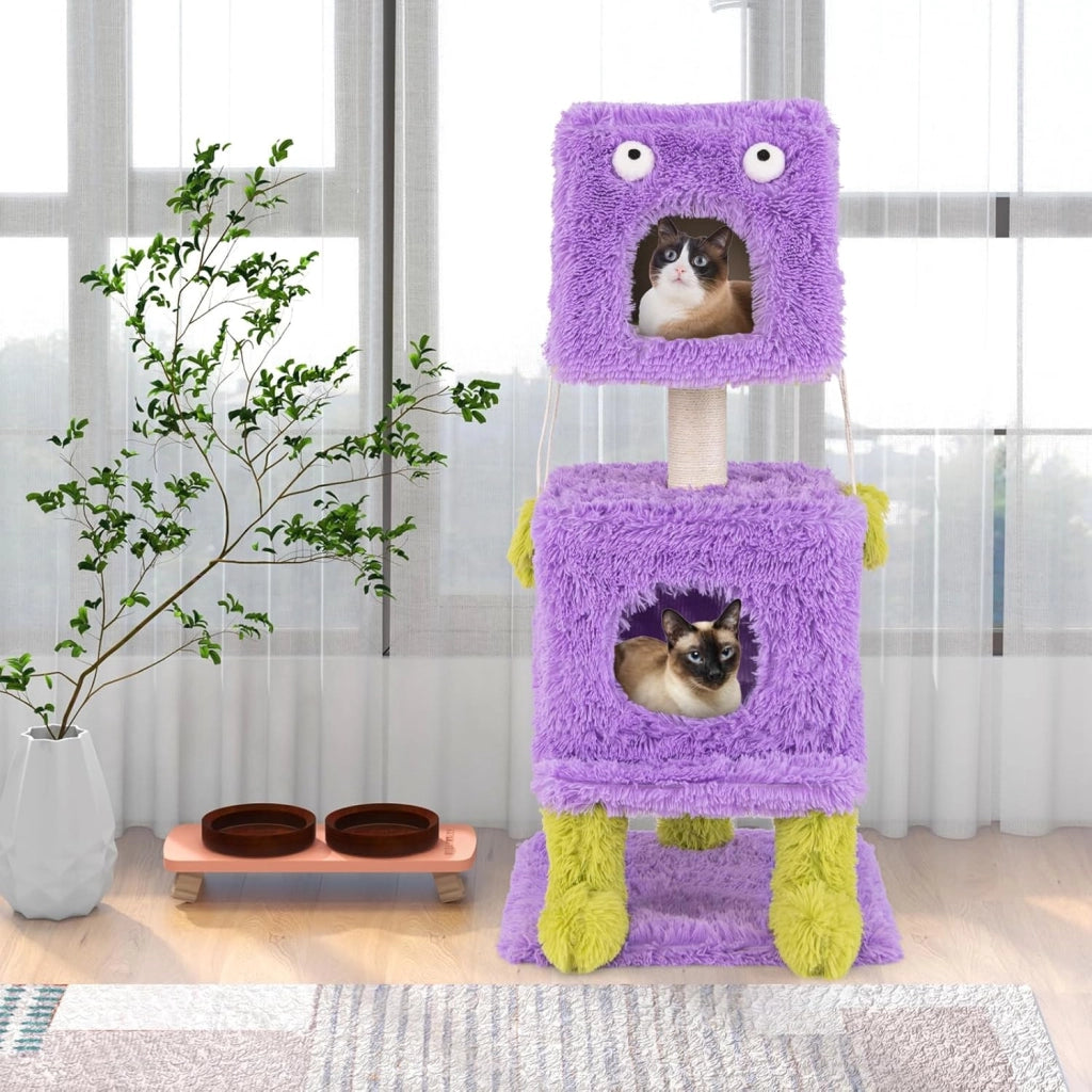 Albero per Gatti, Torre di Gatti a Tema Mostro Carina con 2 Nidi Privati, Palo per Graffio in Sisal e Giocattoli Pendenti, Centro Attività a 3 Livelli per Gatti