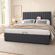 Letto matrimoniale imbottito 140x200 cm in lino grigio con contenitore; LED e porte USB Type C