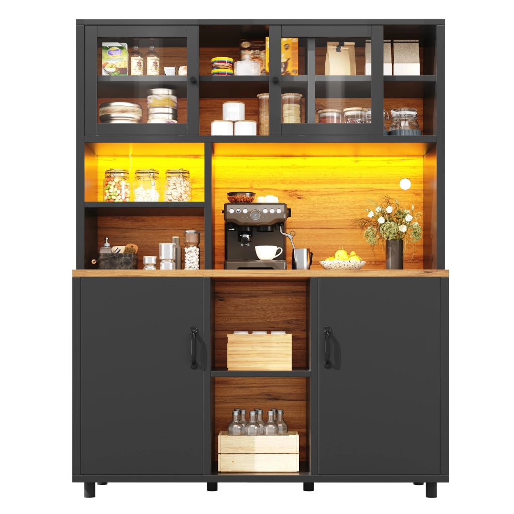 Armadio Alto con Ante Scorrevoli e Ripiani ¨C MINIMAL ¨C Nero con Venatura Legno, 185cm, LED