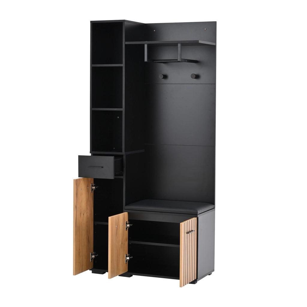 Mobile ingresso con 2 armadi; 1 cassetto; 5 vani; 2 ganci e panca; in pannello truciolare; 80 × 35 × 175 cm