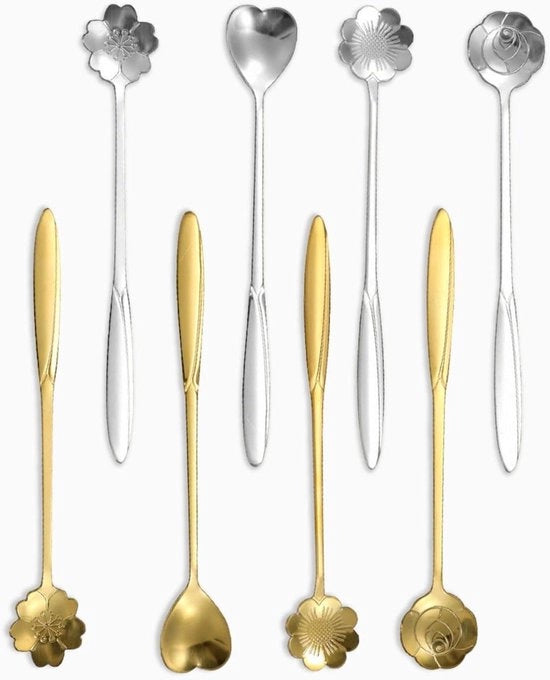 Set di cucchiai per caffè in acciaio inossidabile da 8 pezzi - servizio creativo di cucchiai per zucchero, cucchiai per gelato (4 argento, 4 oro)