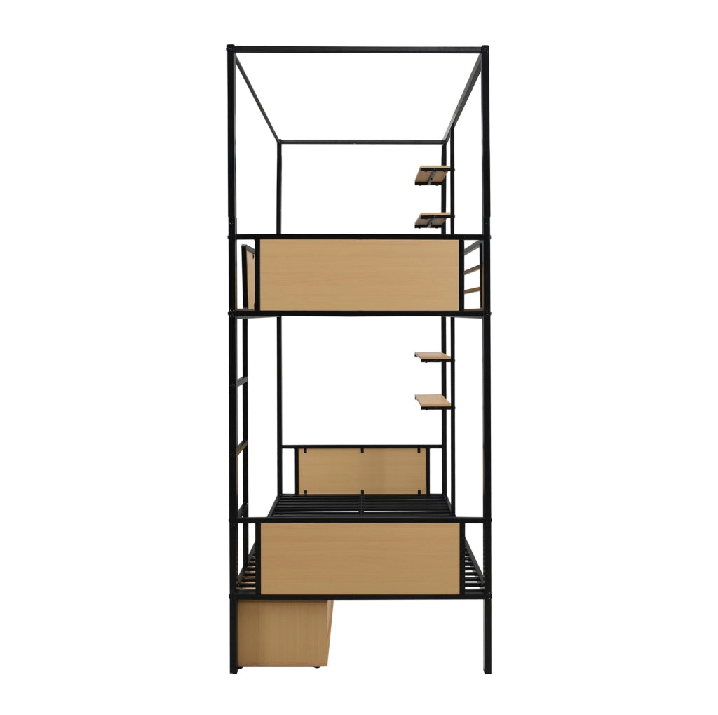 Letto a castello 90x200 cm con doppio ripiano e contenitore in metallo e MDF nero e naturale