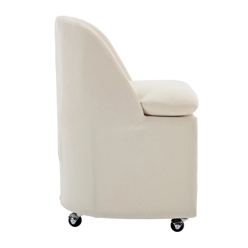 Set 2 sedie da pranzo in chenille beige con ruote girevoli 360°, senza braccioli, rivestimento sfoderabile