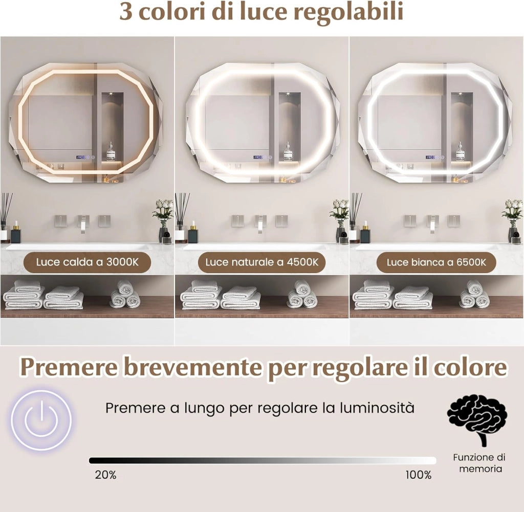 Specchio LED per Bagno 91.5 x 71cm, Specchio Antappannamento con Luce a 3 Colori, Funzione di Memoria Lettura di Tempo e Temperatura, Specchio Ellittico HD Antigraffio, IP44