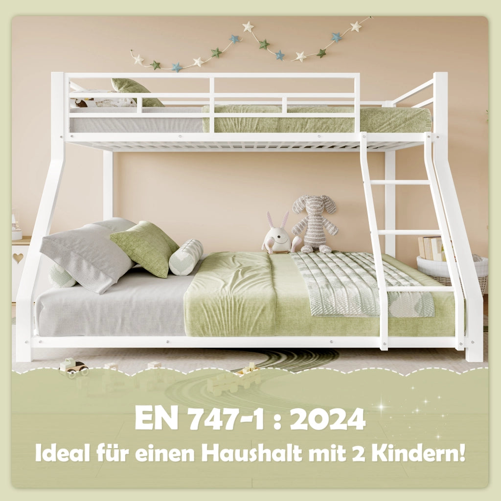 Letto a castello 90×200 cm e 140×200 cm; con scala e sponde; senza materasso; in metallo; bianco