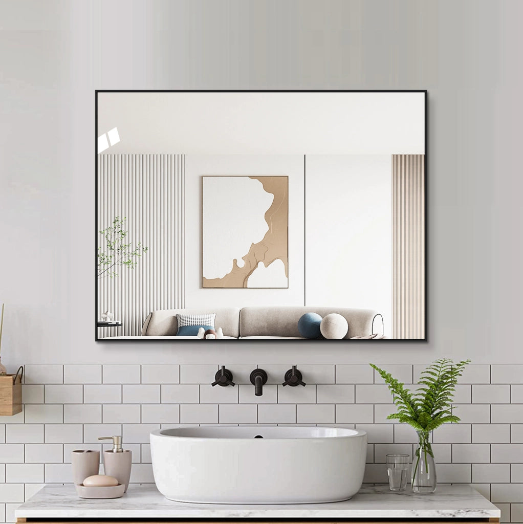 Specchio da Bagno 60x80 cm con Cornice in Alluminio Nero, Vetro Specchio HD Senza Rame, Montaggio Orizzontale e Verticale