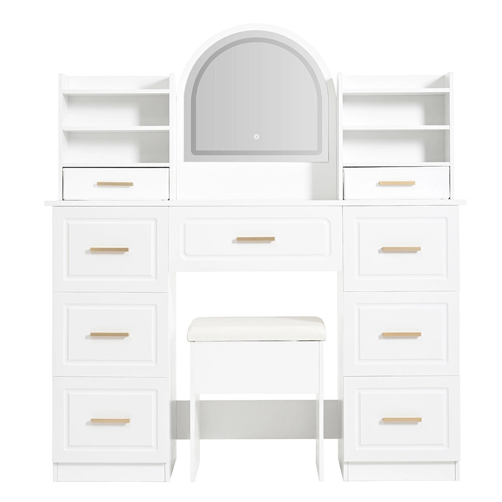Coiffeuse con specchio e illuminazione LED - Xylo - 120x40x135 cm - Bianca - 9 cassetti per salone o camera da letto
