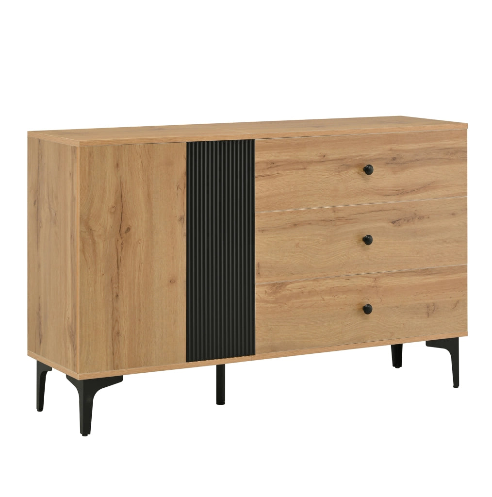 Sideboard 120x35x76 cm con anta e 3 cassetti in pannello truciolare nero e naturale