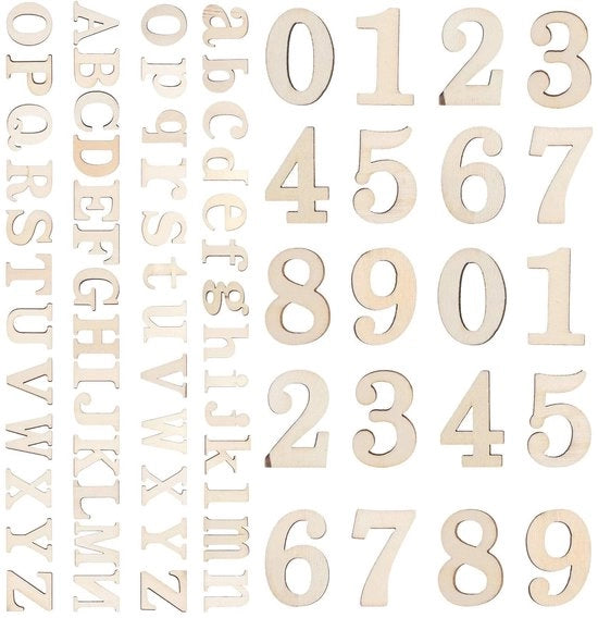 Lettere in Legno 124 Pezzi - Lettere Maiuscole/Minuscole - Numeri 0-9 - Buxus - Decorazione/Scrapbooking - Accessori Artigianali - Lettere dell'Alfabeto