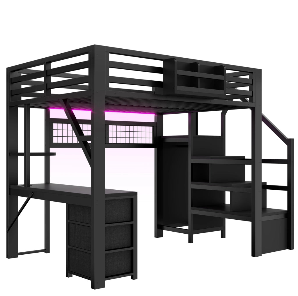 Letto a soppalco ULEVR 140x200 cm con scrivania, armadio, 3 cassetti e LED Bluetooth, nero