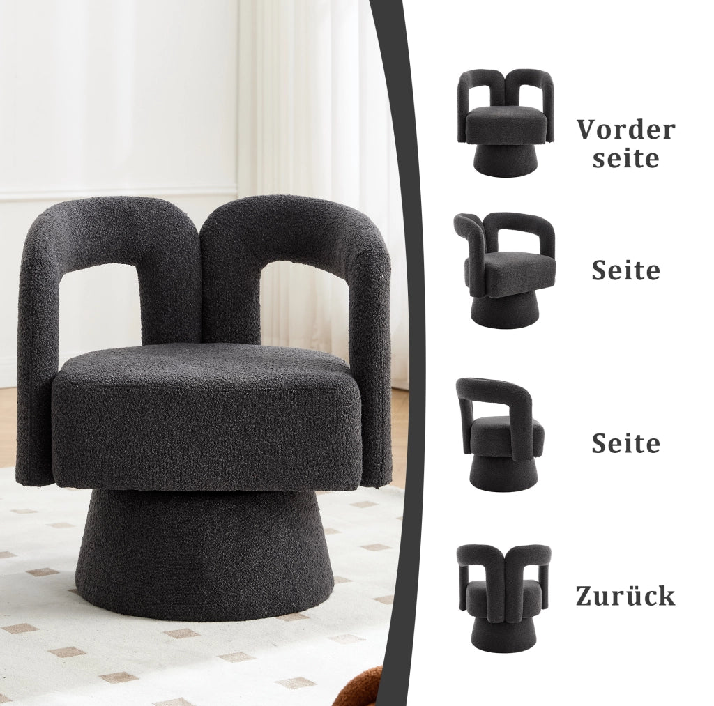 Poltrona girevole 360° in bouclé grigio scuro; con base in metallo; 67x55x74 cm