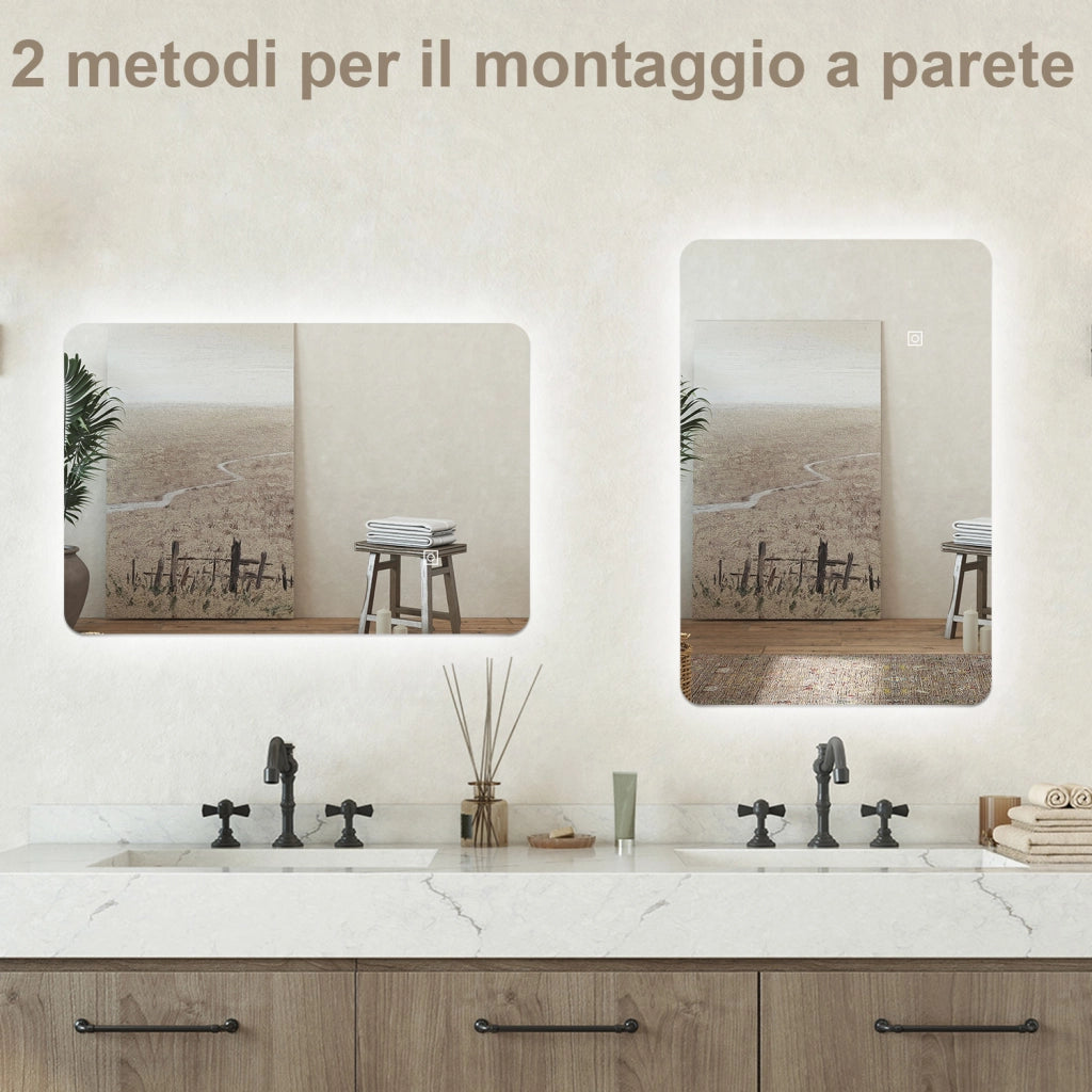 Specchio bagno Rettangolare 60x40cm Retroilluminato Con Led, 3 Luci, Design Moderno