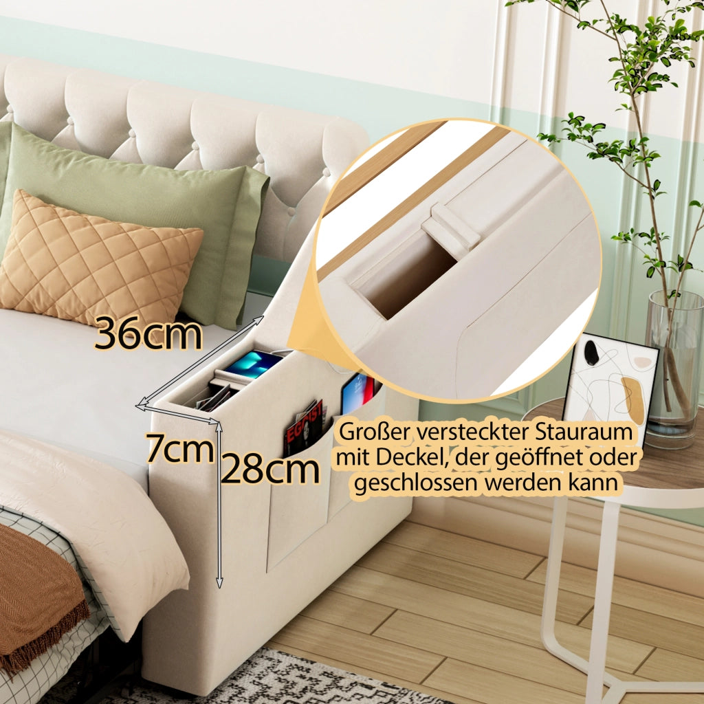 Letto estraibile singolo 90×190 cm con USB; vani portaoggetti e rete; senza materasso; beige