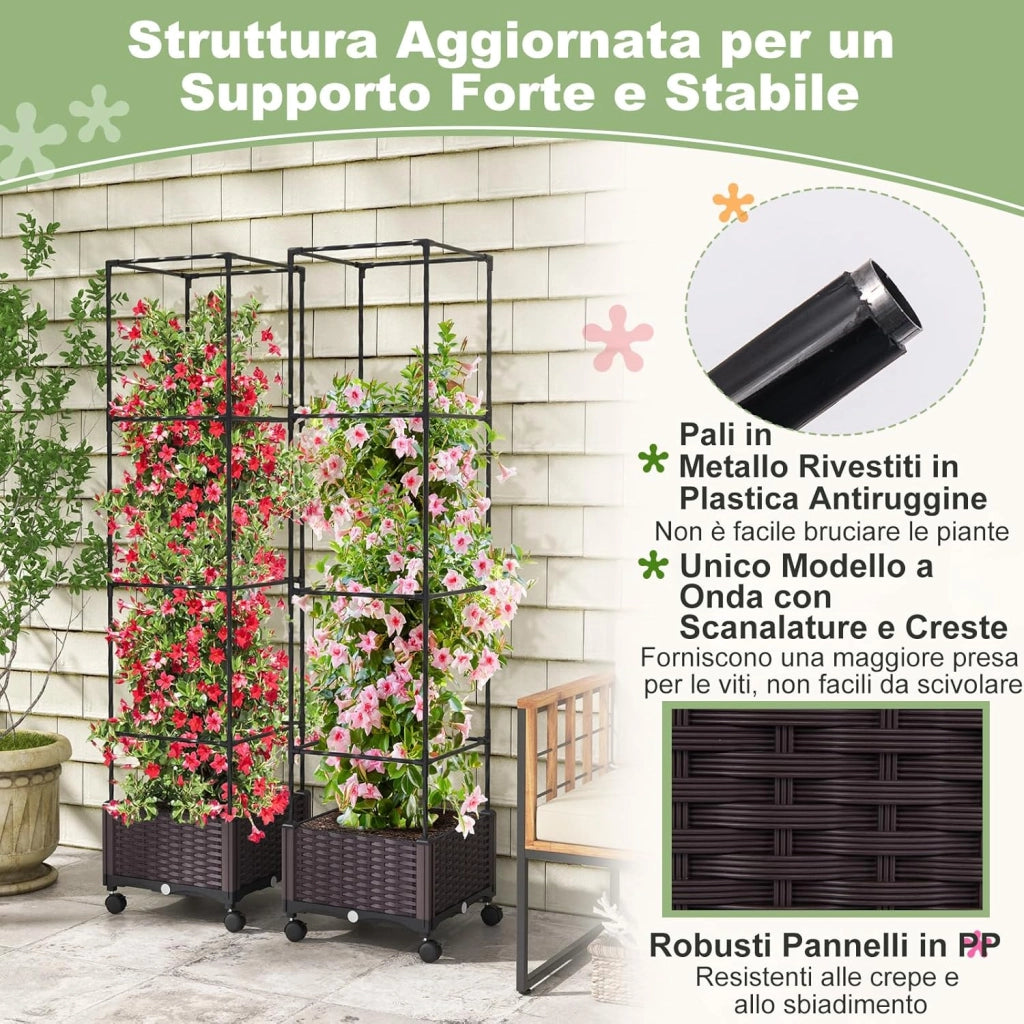 Fioriera con Grigliato per Piante Rampicanti, Letto Rialzato con Spalliera, Sistema di Auto-irrigazione, Altezza Regolabile e Ruote, Fioriera Verticale da Interno ed Esterno