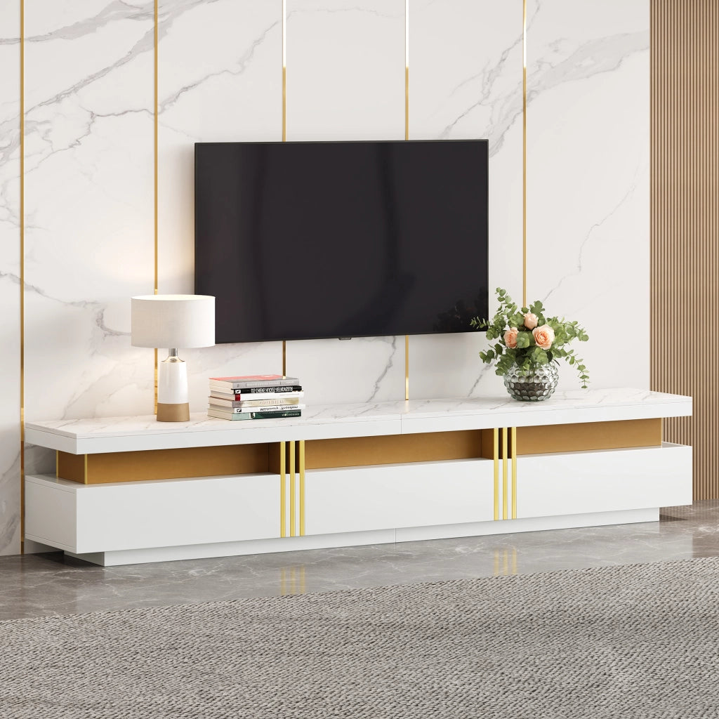 Mobile TV con 3 Cassetti e Passacavi; Piano Effetto Marmo; Stile Moderno; in Pannello Truciolare; 200??40??42 cm; Bianco