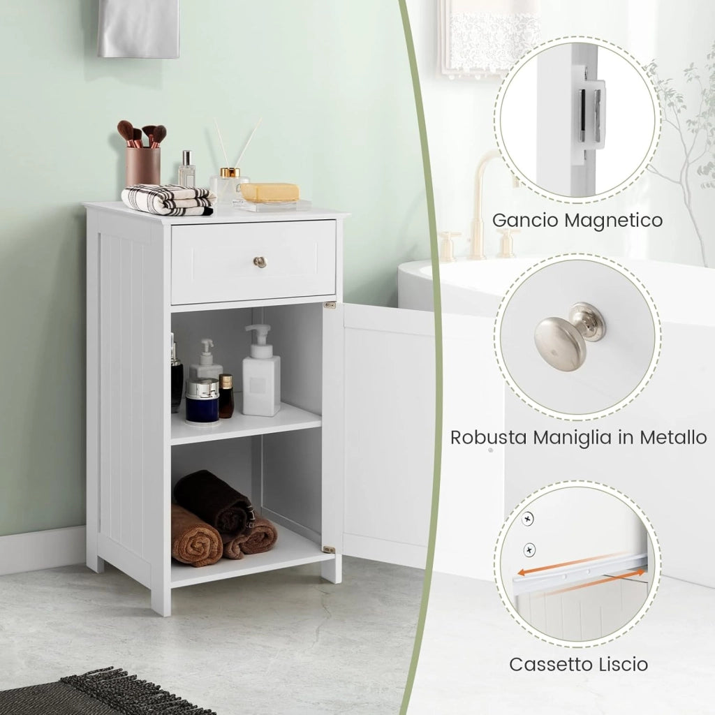 Armadio da Bagno con Ante e Cassetto 43 x 34 x 77cm, Mobile Bagno con Mensola Regolabile e Dispositivo Anti-ribaltamento, Armadietto Elegante per Ufficio, Soggiorno e Camera da Letto (Bianco)