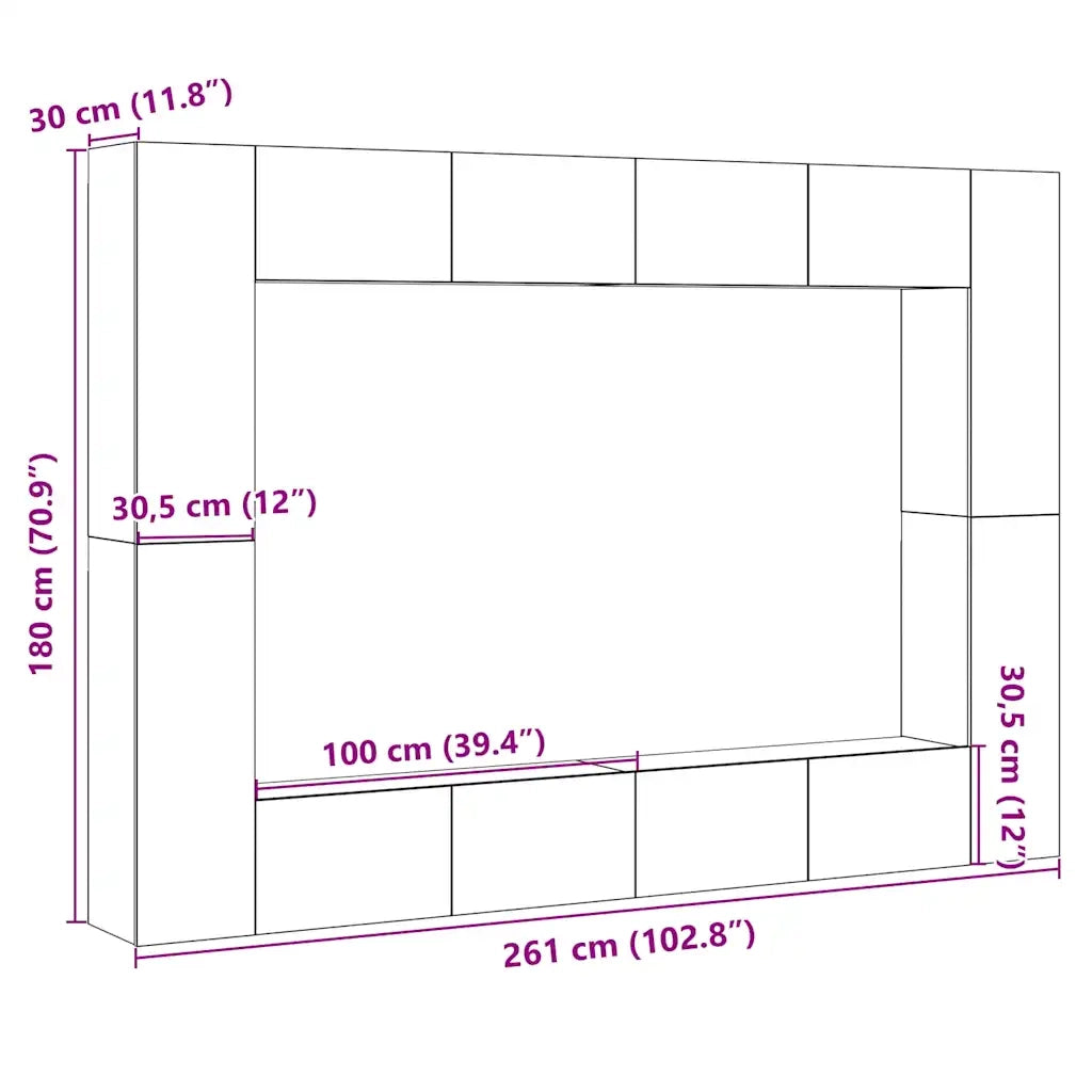 vidaXL Set Mobile TV 8 pz Montato a Parete Rovere in Legno Multistrato