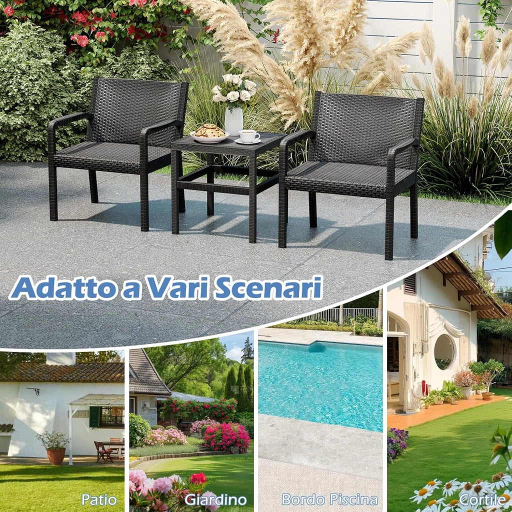 Tavolino e 2 Sedie in Rattan PP da Balcone, Set Giardino con Tavolino Quadrato e 2 Poltrone, Salotto da Esterno per Bordo Piscina (Nero)
