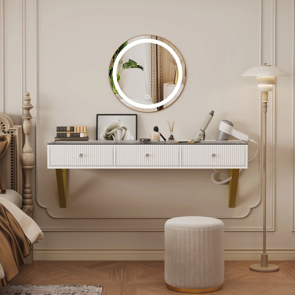 Tavolo da toeletta a parete con 3 cassetti; piano vetro; supporto tablet e portacoppe; Bianco; 120×40×45cm (senza specchio LED)