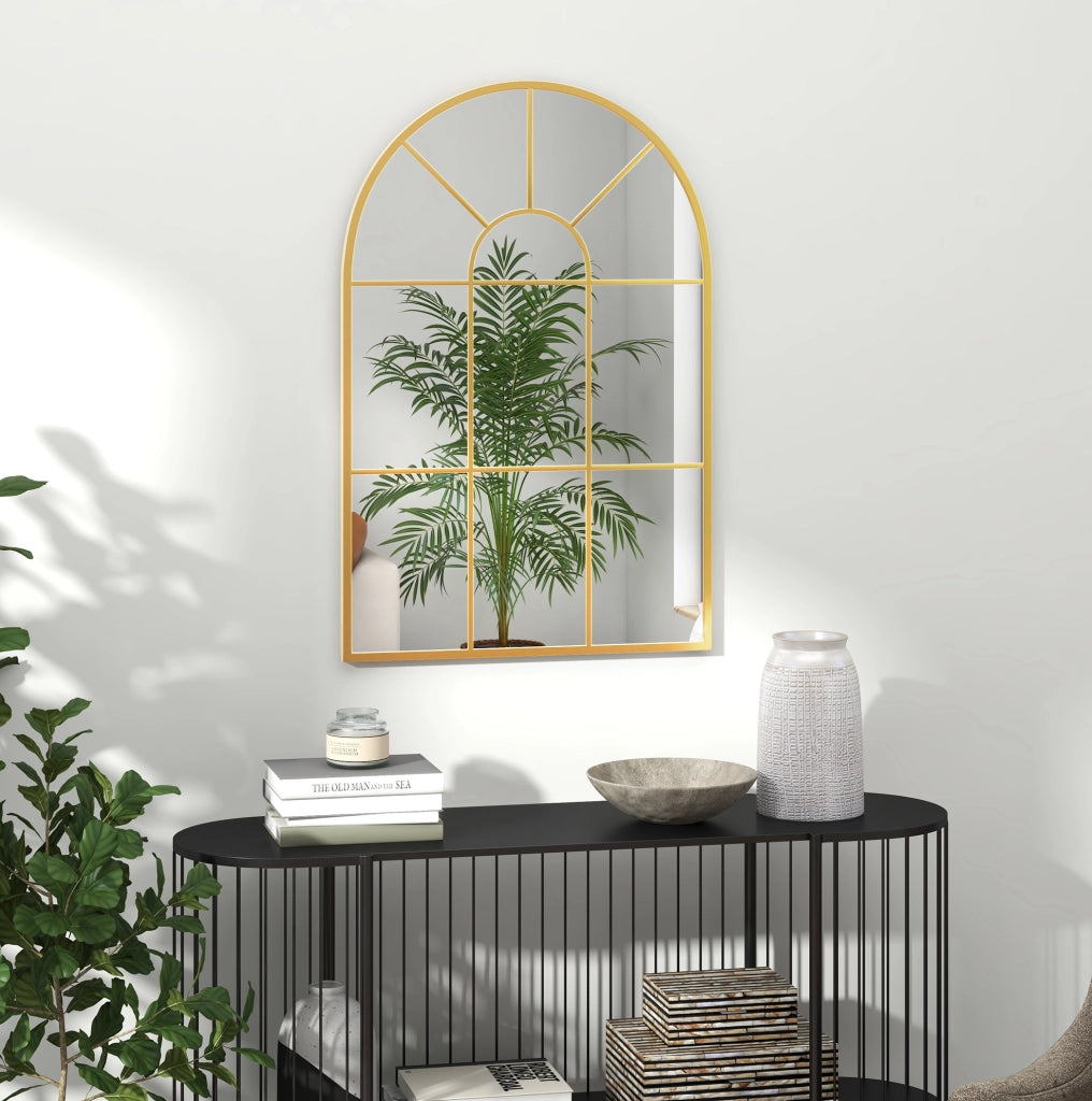 Specchio da parete ad arco con cornice in metallo oro 91x60 cm