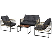 SET DA GIARDINO 4 PEZZI IN RATTAN CON DIVANETTO 2 SEDIE E TAVOLINO DA CAFFÈ GRIGIO E MARRONE