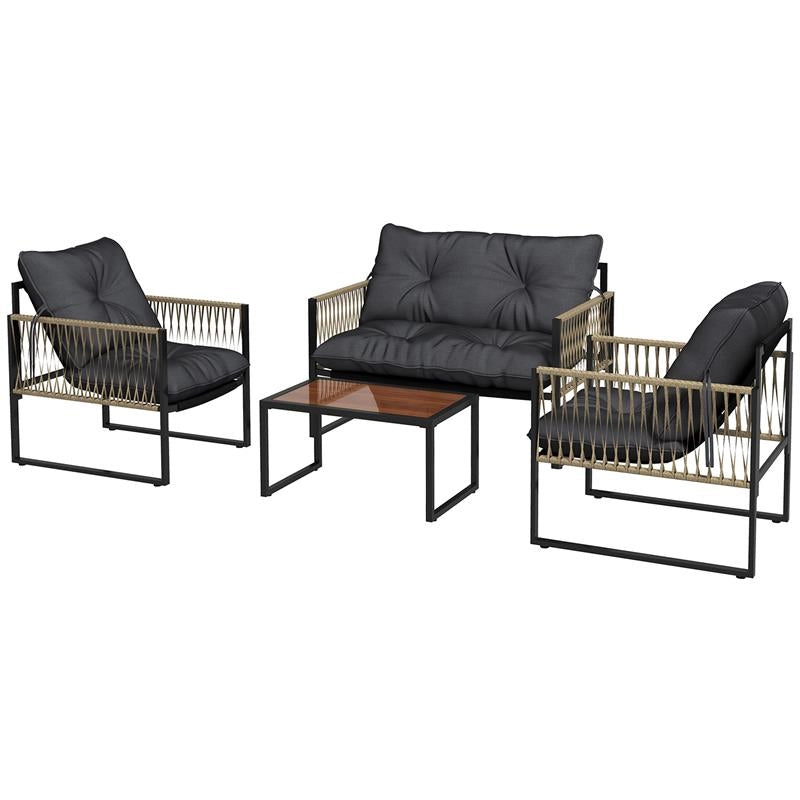 SET DA GIARDINO 4 PEZZI IN RATTAN CON DIVANETTO 2 SEDIE E TAVOLINO DA CAFFÈ GRIGIO E MARRONE