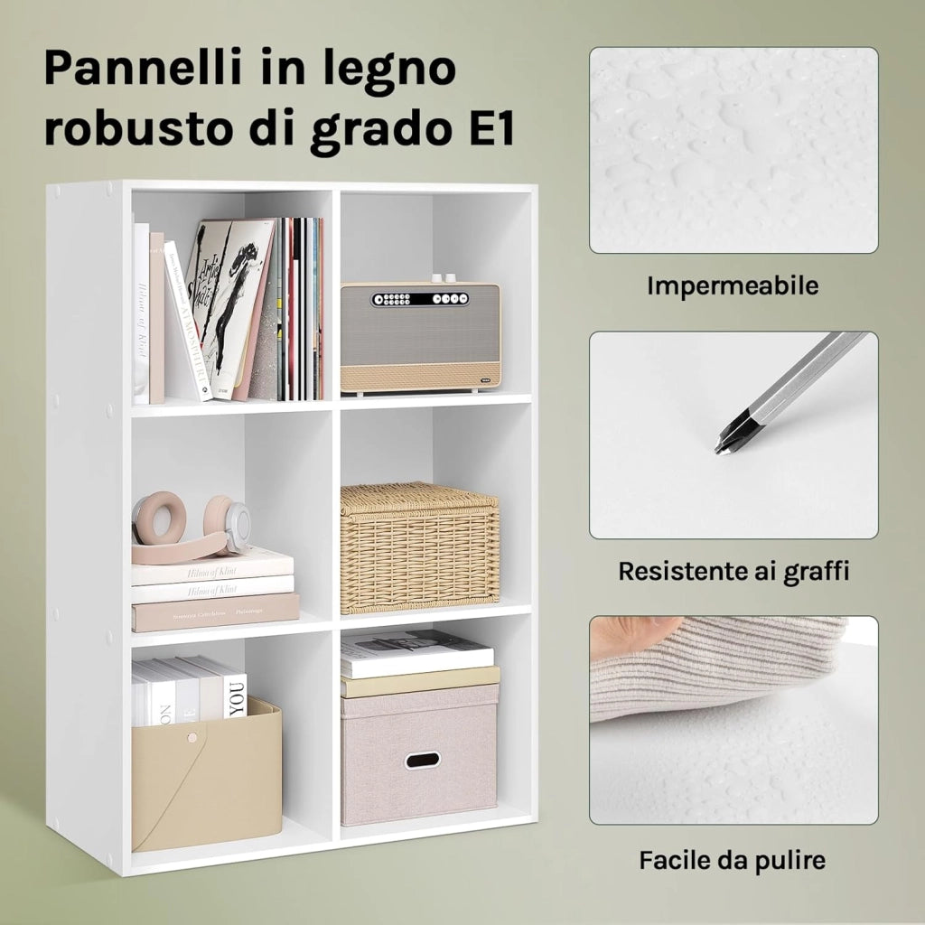 Libreria Bianca con 6 Cubi Portaoggetti, Scaffale in Legno Multiuso, Mobiletto Salvaspazio per Soggiorno, Camera da Letto, Ufficio 59.6X29X89cm, SK002ws3