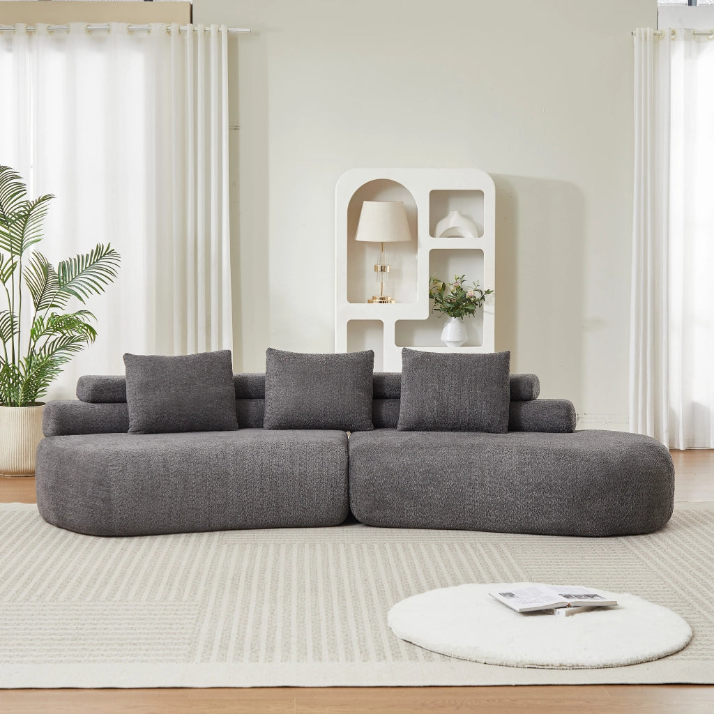 Divano modulare curvo a 3 posti in ciniglia grigio antracite; design arrotondato senza braccioli