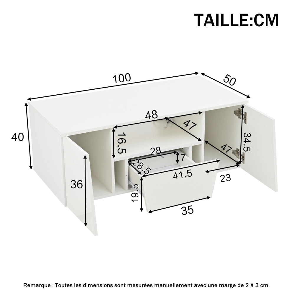 Tavolino da salotto con 2 Ante; 1 Cassetto; 1 Vano e LED; finitura lucida per Soggiorno; in Truciolare; Bianco