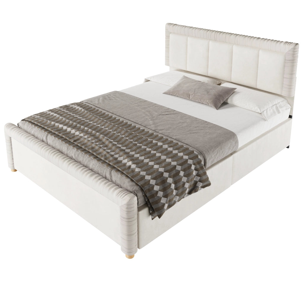 Letto imbottito 140x200 cm in velluto beige con 2 cassetti contenitore