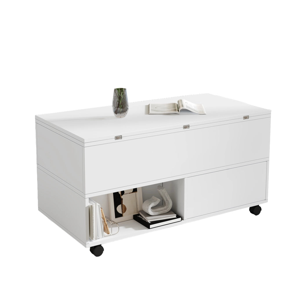 Tavolino da salotto regolabile in altezza, multifunzionale 3 in 1 con 4 cassetti, ruote e vano contenitore, bianco, 100x50x52 cm