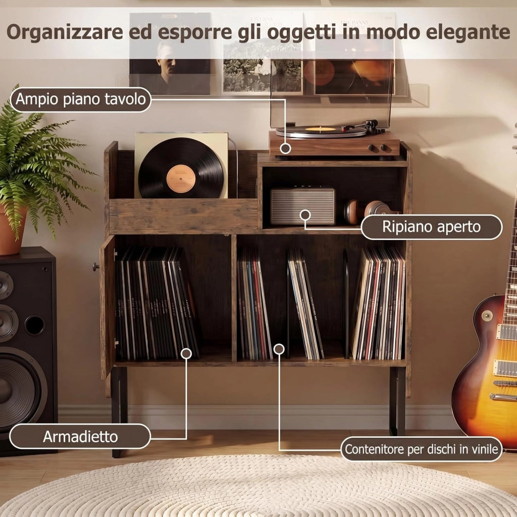 Mobile Giradischi con Stazione di Ricarica, Supporto Porta Vinili e Dischi, Tavolino con Armadietto e Scomparti Aperti, Stile Vintage, in Legno e Metallo, 80 x 35,5 x 85,5 cm