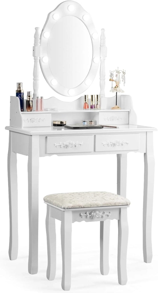 Toeletta Trucco con Specchio Girevole, 10 Luci LED, Luminosità Regolabile, Postazione Trucco con Sgabello e 4 Cassetti, Tavolo da Trucco Scrivania Camera da Letto, 146x75x40cm (Bianco)