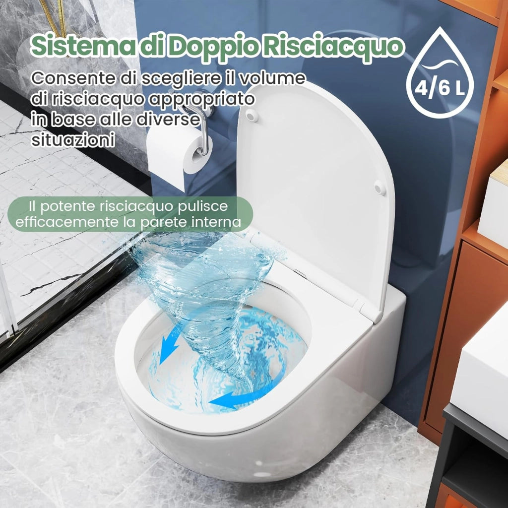 Sanitari Bagno a Muro, Sanitari Bagno Sospeso con Sistema di Doppio Scarico, Meccanismo di Chiusura Ammortizzata e Accessori di Montaggio, Facile da Pulire