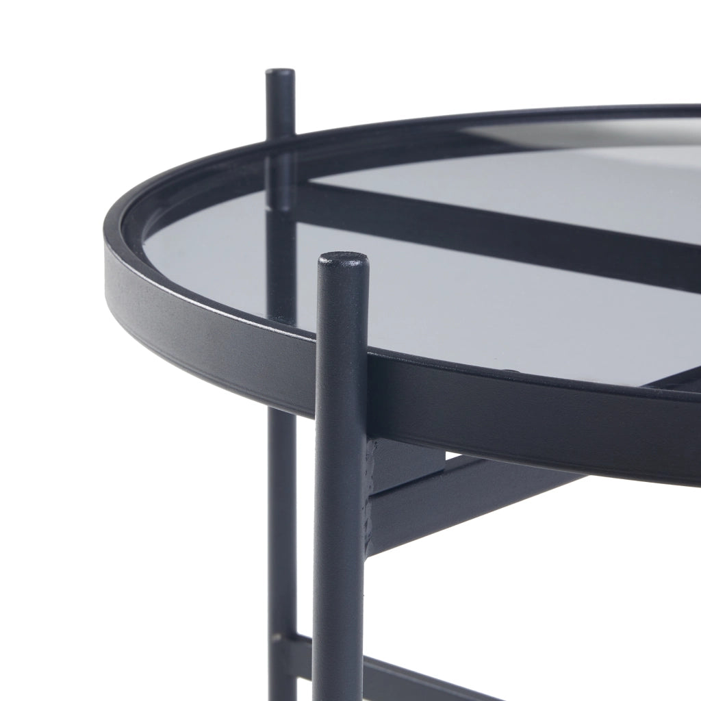 Tavolino Basso Lier con Piano Rotondo Ø 61 in Vetro Telaio in Metallo Nero [en.casa]
