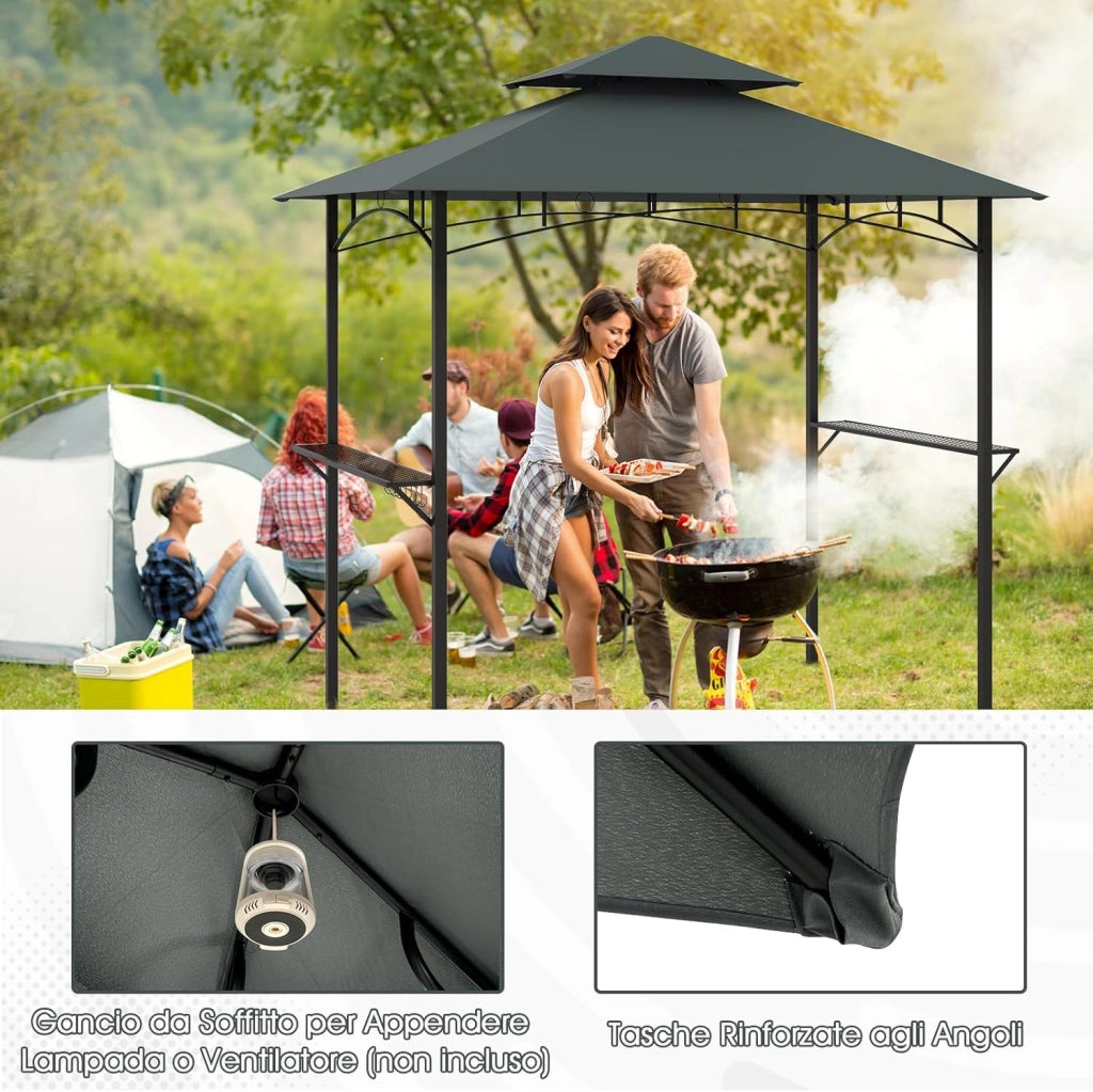 Gazebo per Barbecue 240 x 151 cm, Pergola per BBQ con con 2 Ripiani, 7 Ganci, Struttura in Metallo e Tetto Morbido, Tenda per Picnic e Barbecue per Giardino, Piscina e Terrazza (Grigio)