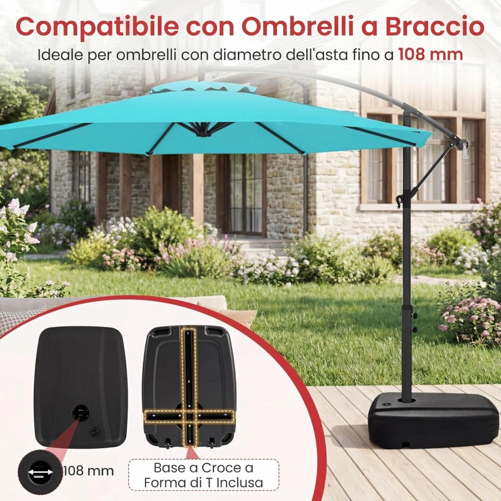 Base per Ombrellone da Patio a 102 kg/150 kg, in Plastica HDPE con Ruote, Supporto Quadrato per Ombrellone Riempibile con Acqua o Sabbia, per Esterno, Balcone, Spiaggia (102, Chilogrammi)