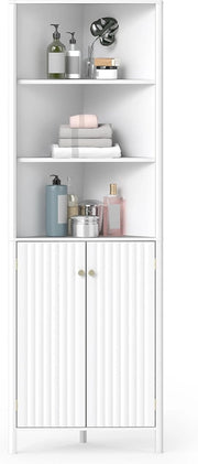 Mobile da Bagno Alto, Mobiletto d’Angolo a 5 Livelli con 2 Ante, 3 Scomparti Aperti e Ripiano Regolabile, per Soggiorno, Cucina e Lavanderia, 32 x 58 x 172,5 cm (Bianco)