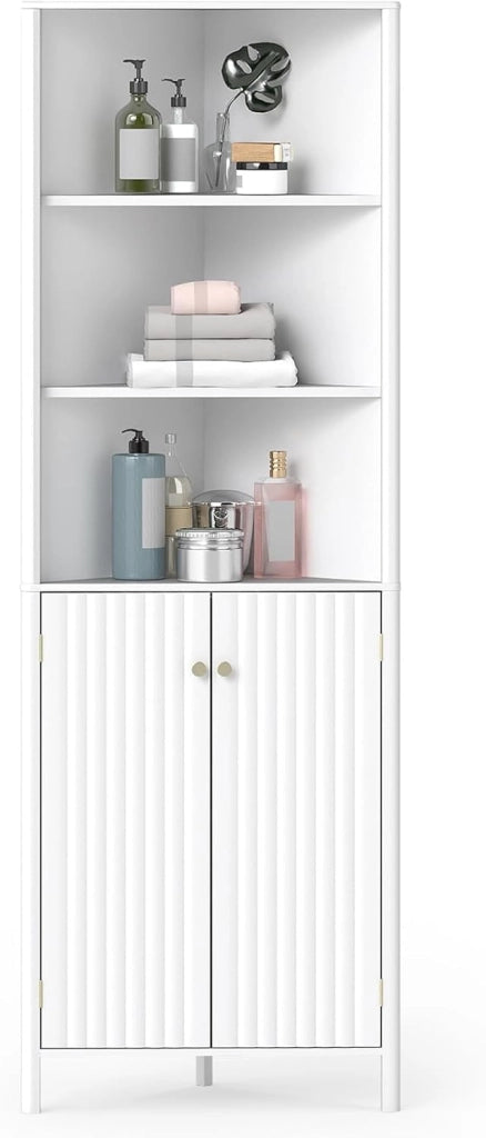 Mobile da Bagno Alto, Mobiletto d’Angolo a 5 Livelli con 2 Ante, 3 Scomparti Aperti e Ripiano Regolabile, per Soggiorno, Cucina e Lavanderia, 32 x 58 x 172,5 cm (Bianco)