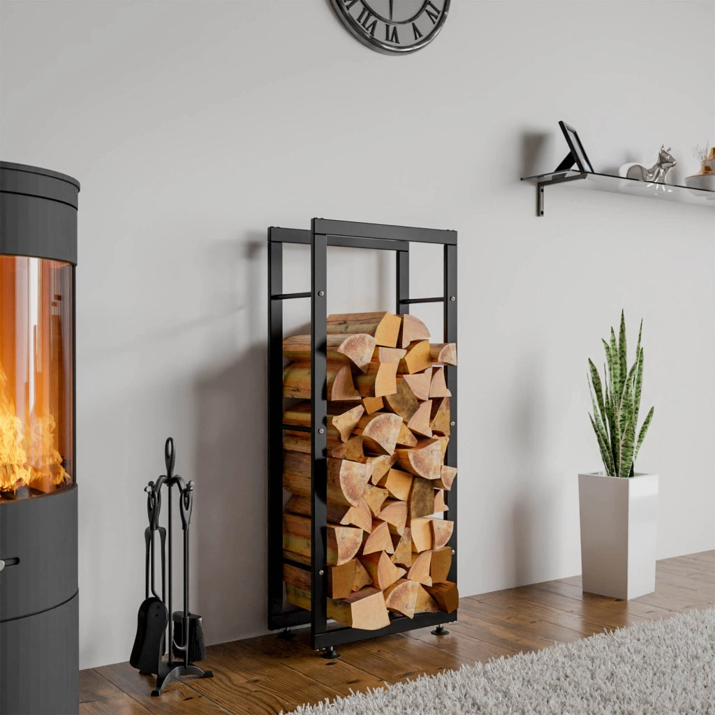 Esclusivo portalegna KERI V2 in metallo nero,25x40x125 cm