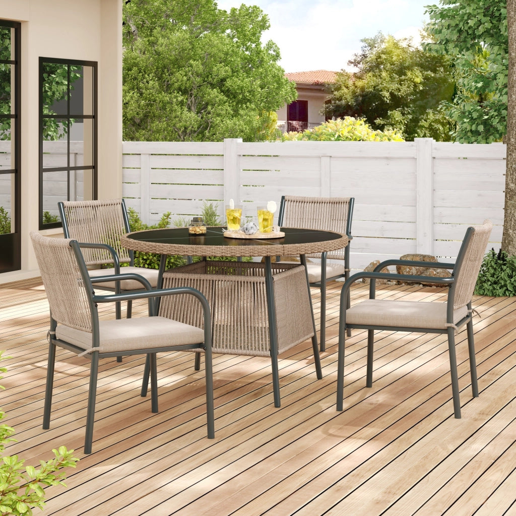 Set mobili da giardino polyrattan: tavolo rotondo vetro + 4 poltrone; struttura ferro; terrazzo/balcone