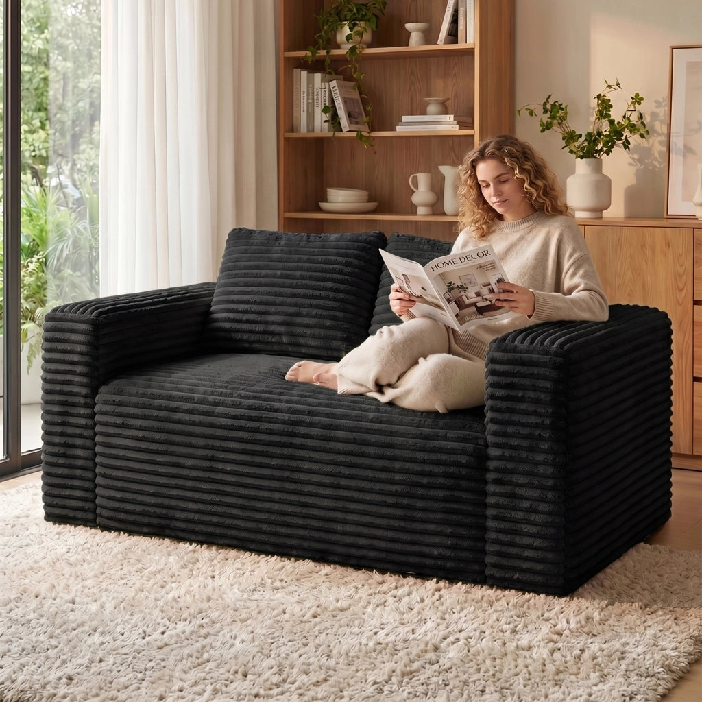 Divano a 2 posti in velluto a coste con schiuma ad alta densità senza montaggio per appartamento nero 105 × 32 × 32 cm