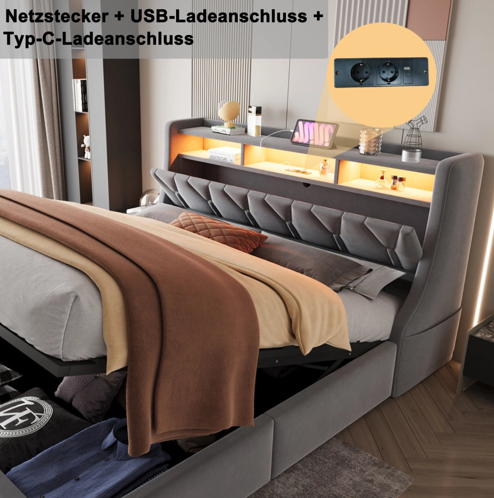 Letto matrimoniale con contenitore 180x200 cm in velluto grigio; testiera ribaltabile con LED e prese USB