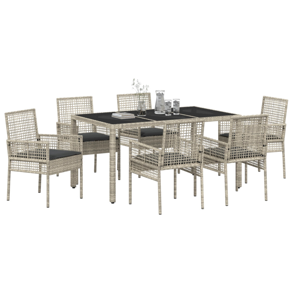 Set da pranzo da giardino 7 pezzi con cuscini grigio chiaro in polyrattan