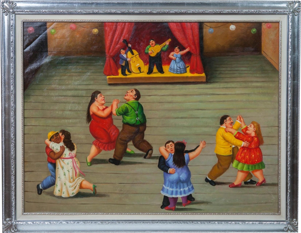 Biscottini Dipinto a mano olio su tela con cornice in legno finitura foglia argento DANZATORI BOTERO 140
