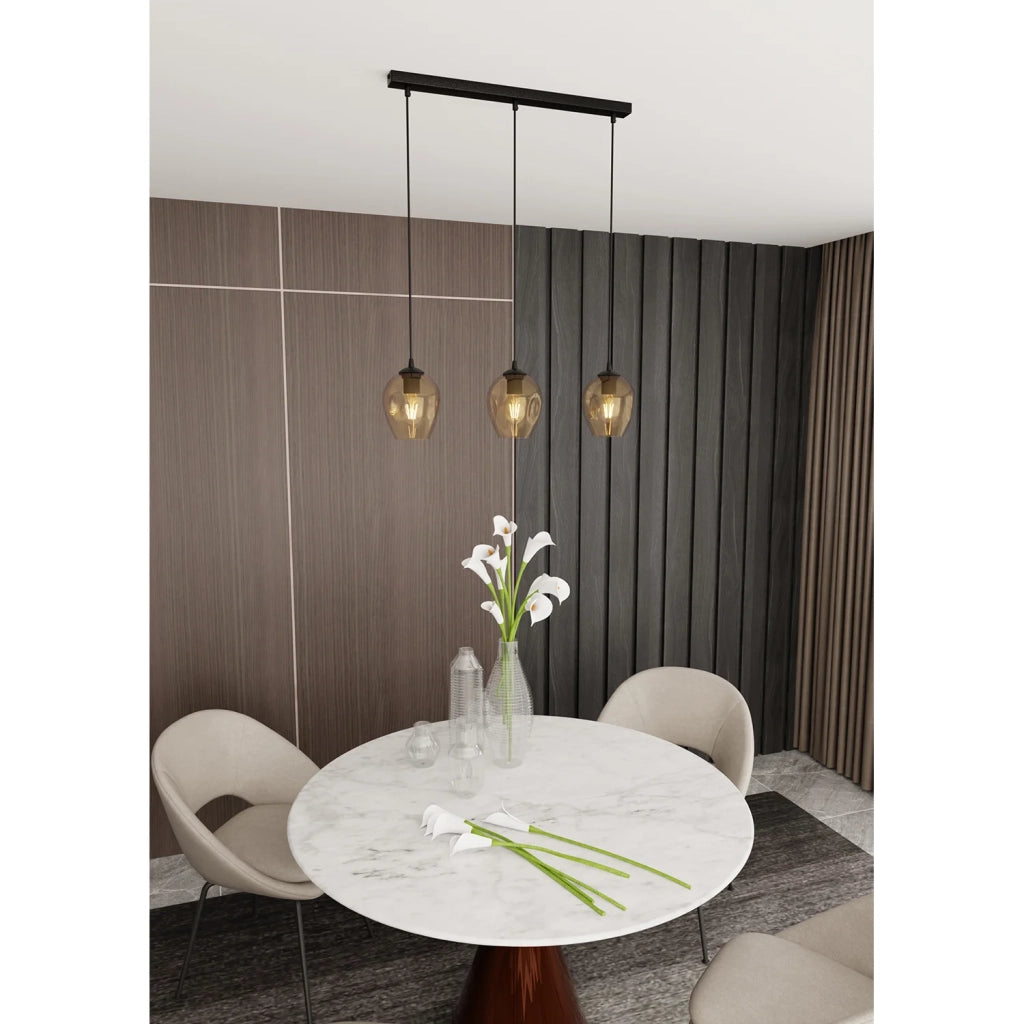 Lampadario 3 Luci Fuxi In Acciaio Nero E Vetri Ambra