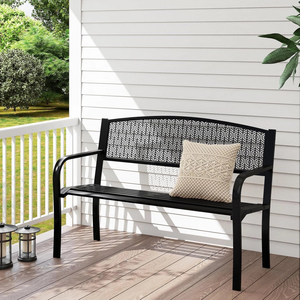 Panca da giardino per 2-3 persone, panca da parco con schienale alto e braccioli, sedia in metallo con carico di 300 kg, poltrona per terrazza, balcone, 128 x 60 x 86 cm (Nero)