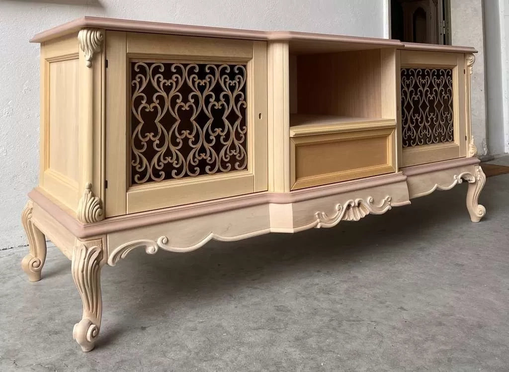 Porta tv 2 ante 1 cassetto classico barocco legno grezzo incisa 174x60x76 - Mobili 2G