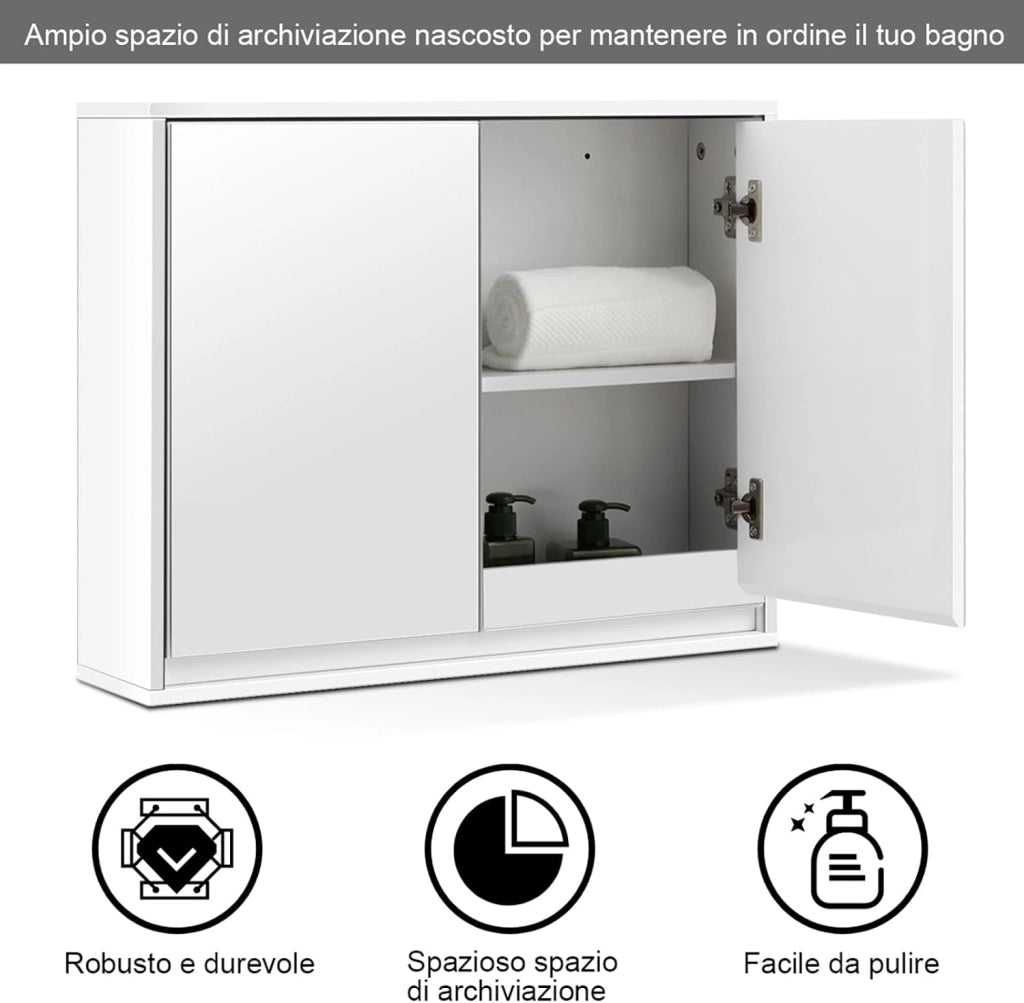 Mobile a Specchio per Bagno, Armadio da Parete con Doppio Specchio, Armadio Organizer Multiuso per Cucina e Bagno, 55 x 14 x 45 cm