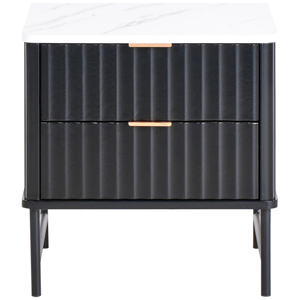 Comodino nero effetto marmo con 2 cassetti stile moderno
